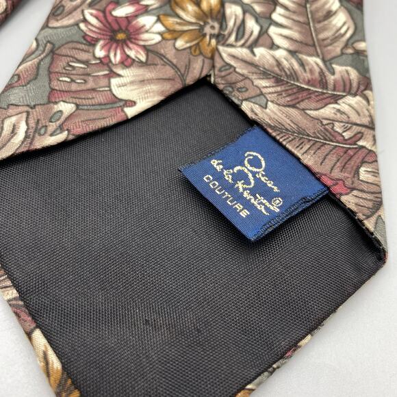 Oscar De La Renta Tie Muted Tropical Floral Pattern Necktie Grey Purple Jacquard - Picture 5 of 6